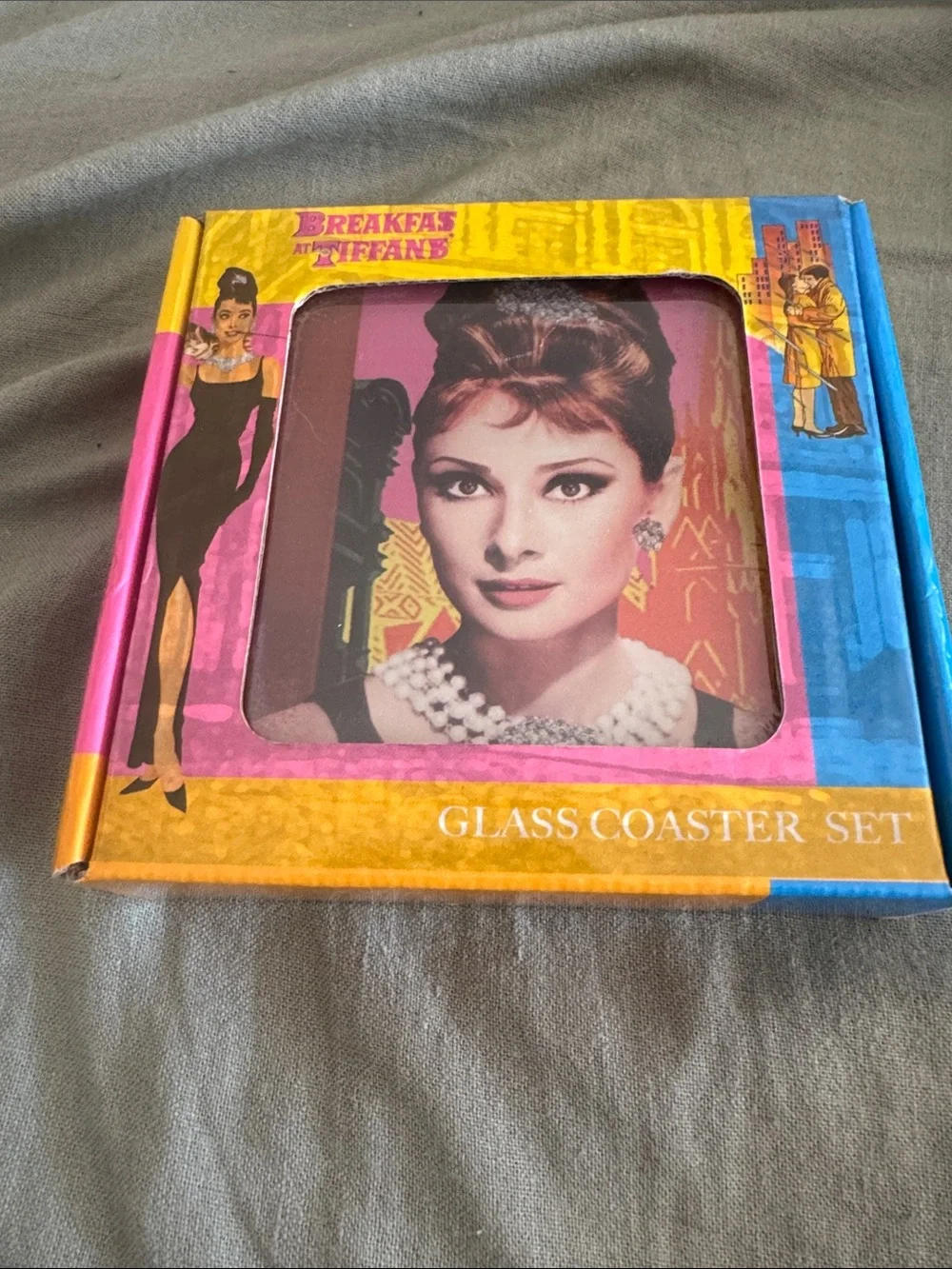 Audrey Hepburn Breakfast at Tiffanys glass coaster set of 4 different images.